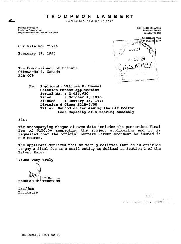 Canadian Patent Document 2026630. Correspondence 19931218. Image 1 of 1