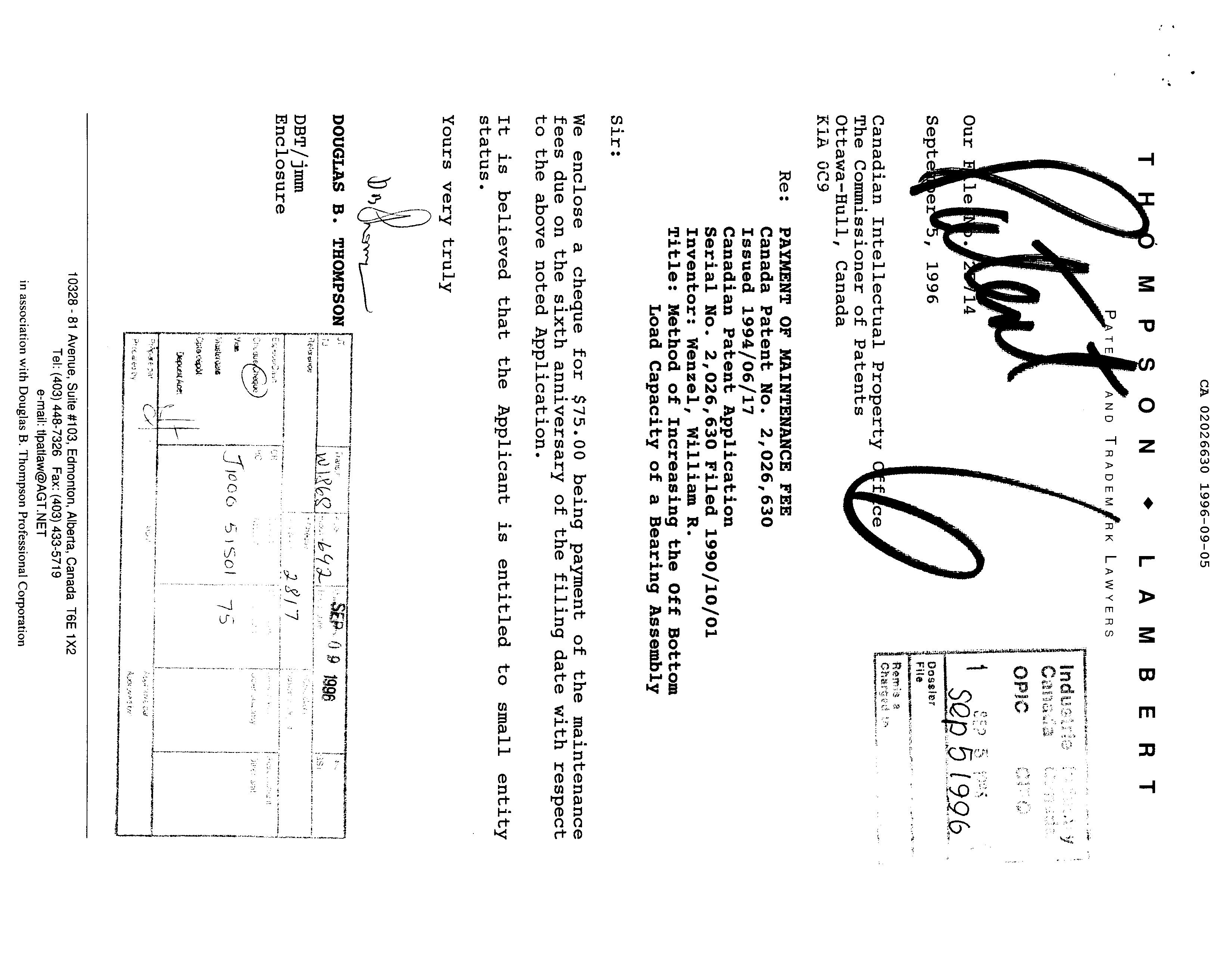 Canadian Patent Document 2026630. Fees 19951205. Image 1 of 1