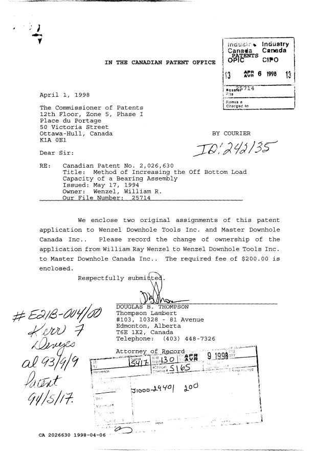 Document de brevet canadien 2026630. Cession 19971206. Image 1 de 3