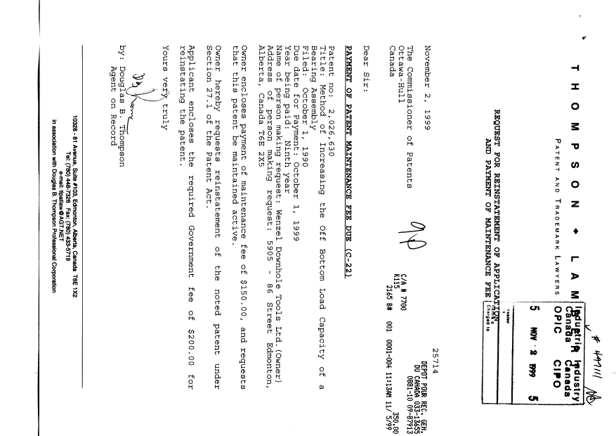 Canadian Patent Document 2026630. Fees 19981202. Image 1 of 1