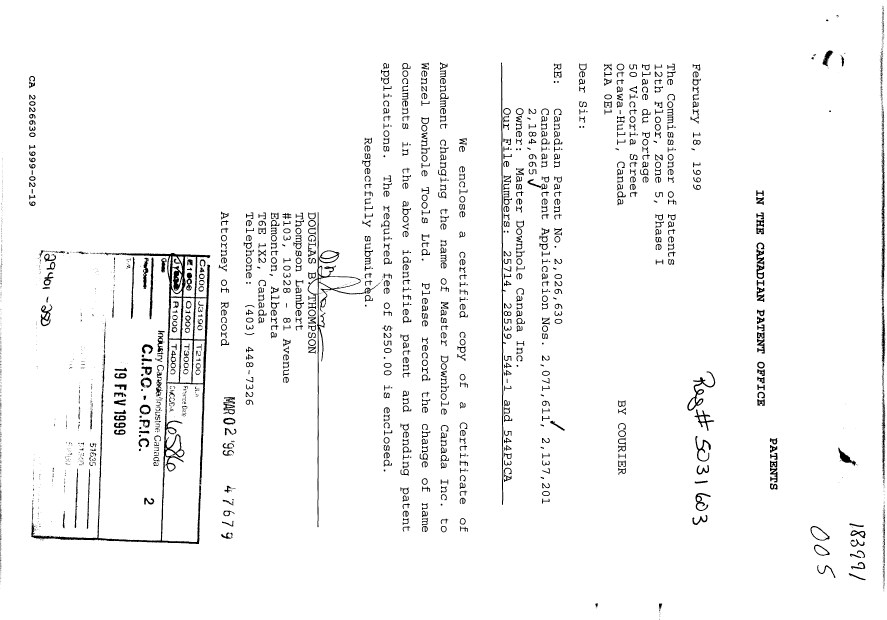 Document de brevet canadien 2026630. Cession 19981219. Image 1 de 1