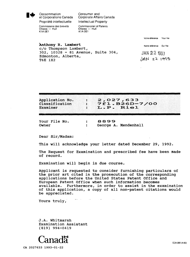 Canadian Patent Document 2027633. Office Letter 19930122. Image 1 of 1