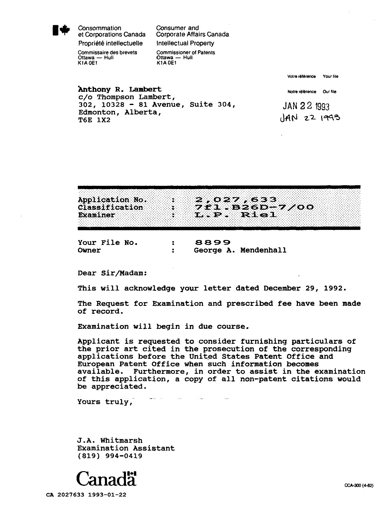 Canadian Patent Document 2027633. Office Letter 19930122. Image 1 of 1