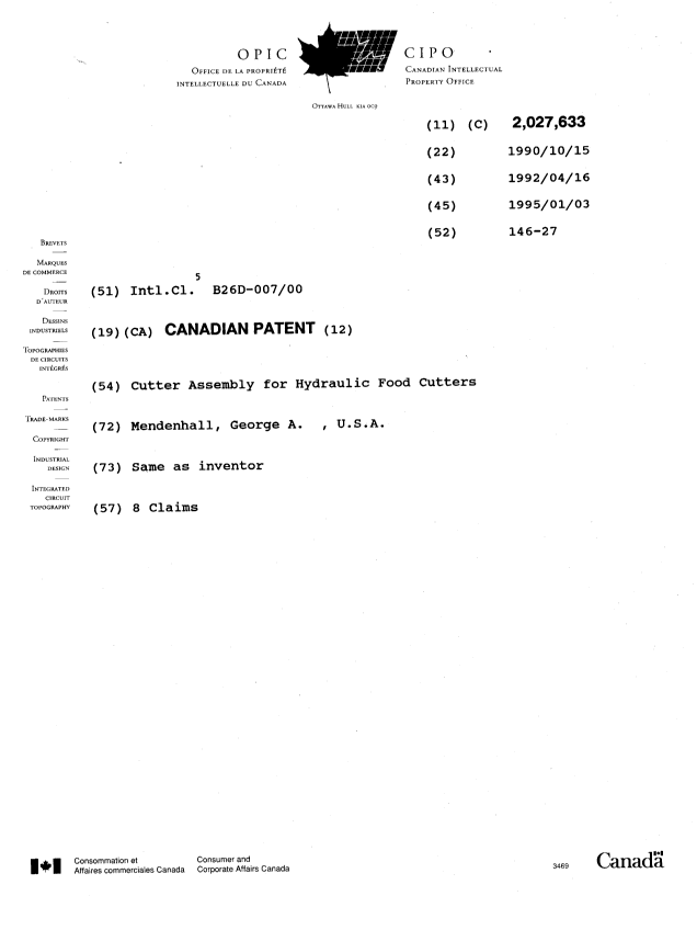 Document de brevet canadien 2027633. Page couverture 19950103. Image 1 de 1