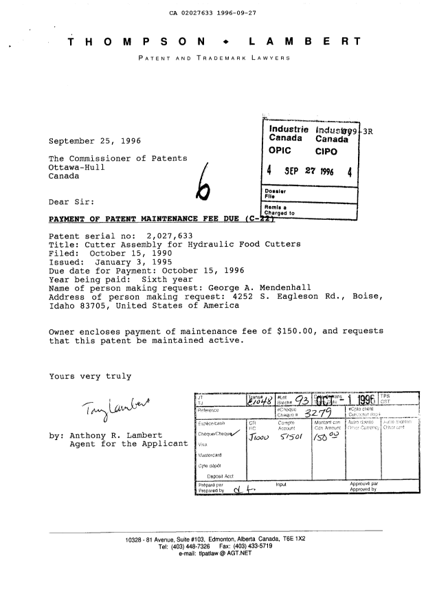 Document de brevet canadien 2027633. Taxes 19960927. Image 1 de 1