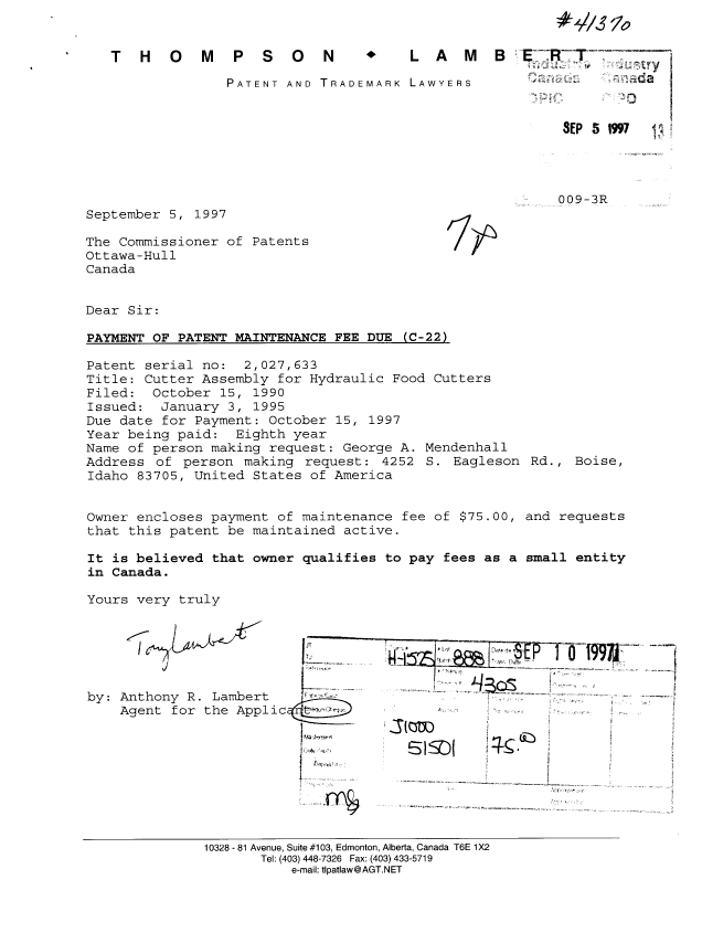 Document de brevet canadien 2027633. Taxes 19970905. Image 1 de 1