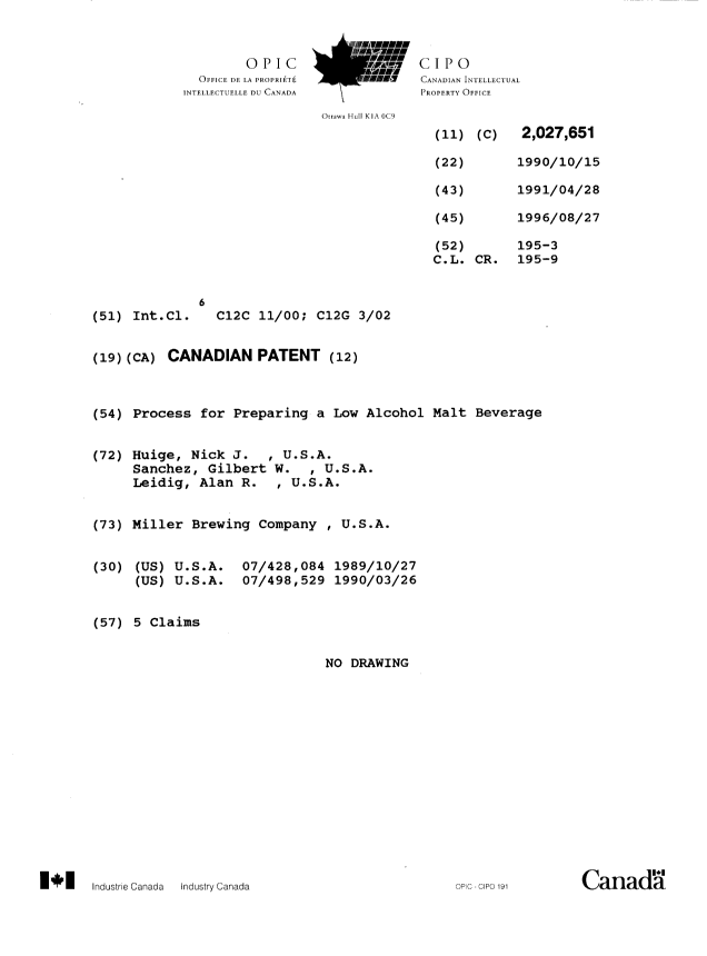 Canadian Patent Document 2027651. Cover Page 19960827. Image 1 of 1