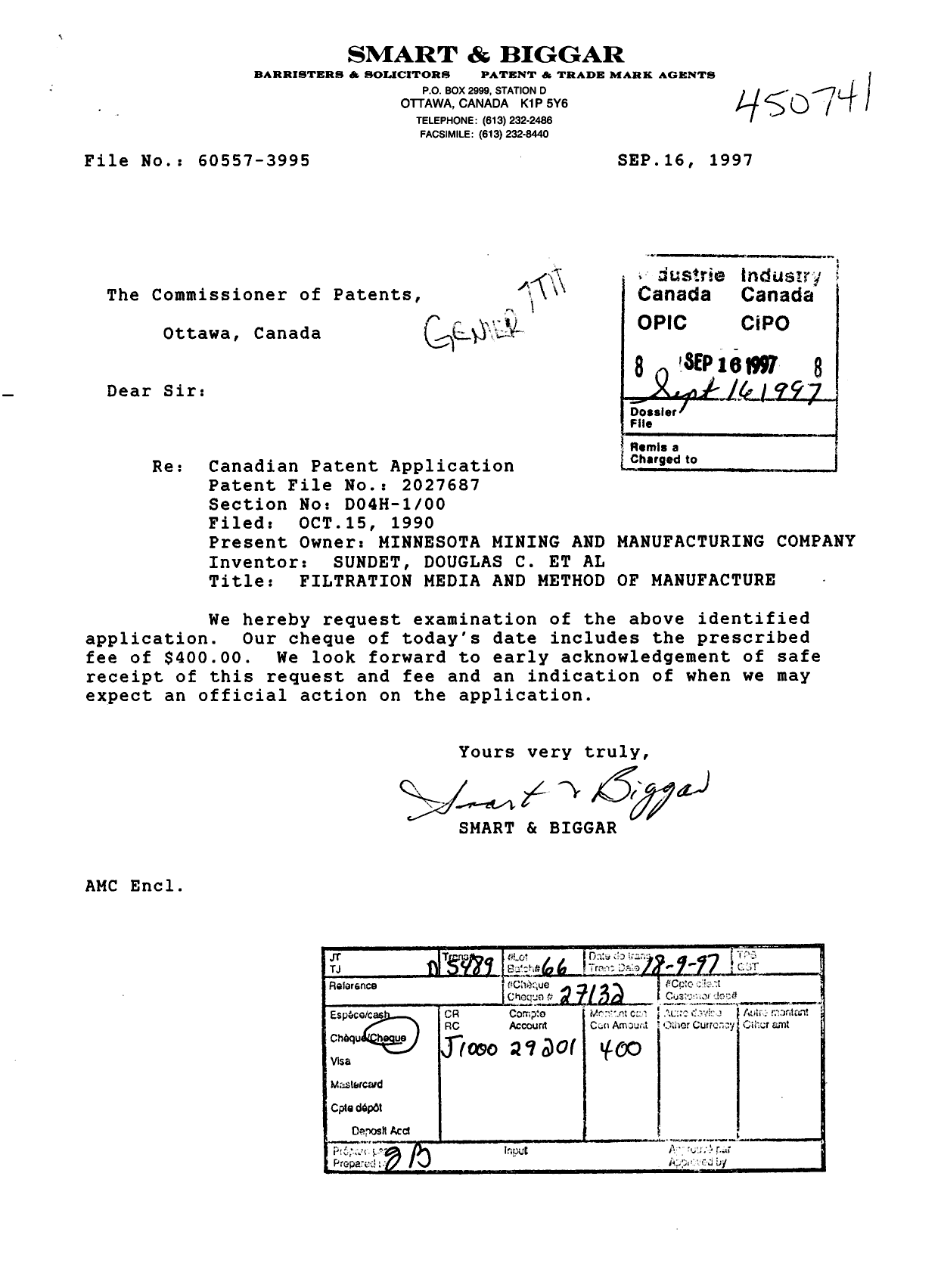 Canadian Patent Document 2027687. Prosecution-Amendment 19970916. Image 1 of 1