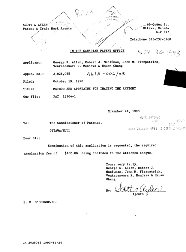 Canadian Patent Document 2028065. Prosecution Correspondence 19931124. Image 1 of 1