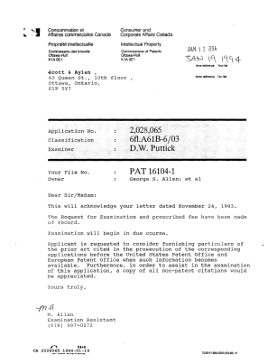 Document de brevet canadien 2028065. Lettre du bureau 19940119. Image 1 de 1