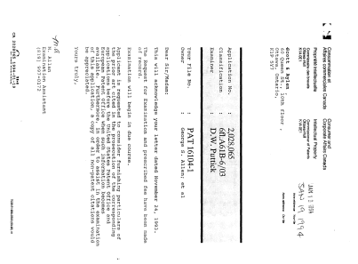 Canadian Patent Document 2028065. Office Letter 19940119. Image 1 of 1