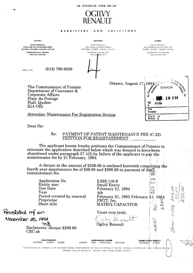 Document de brevet canadien 2028118. Taxes 19940818. Image 1 de 1