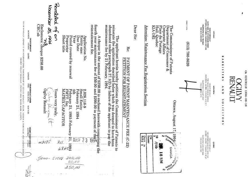 Canadian Patent Document 2028118. Fees 19940818. Image 1 of 1