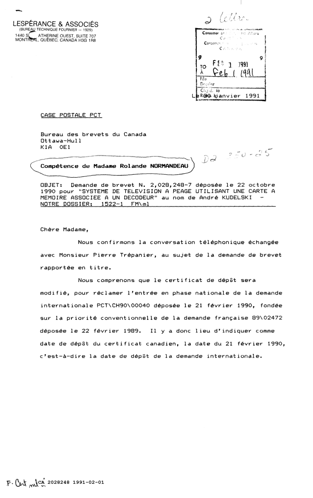 Canadian Patent Document 2028248. PCT Correspondence 19910201. Image 1 of 3