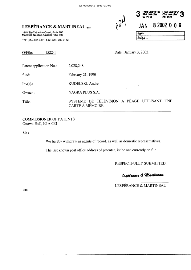 Canadian Patent Document 2028248. Correspondence 20020108. Image 1 of 1