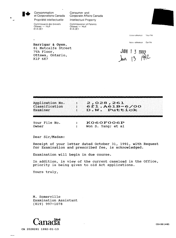 Canadian Patent Document 2028261. Office Letter 19920113. Image 1 of 1