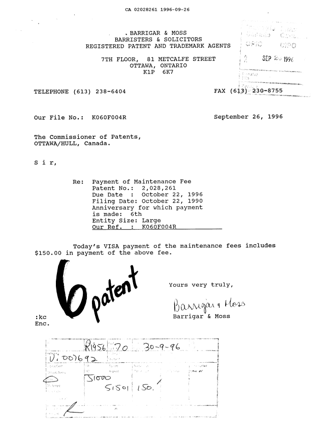 Canadian Patent Document 2028261. Fees 19960926. Image 1 of 1
