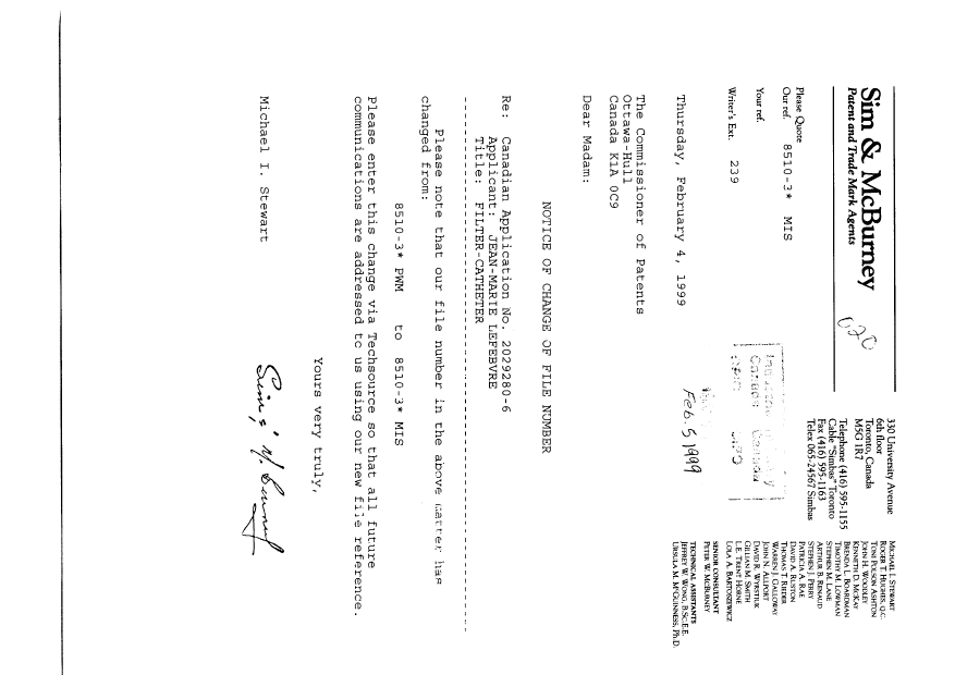 Canadian Patent Document 2029280. Correspondence 19990205. Image 1 of 1