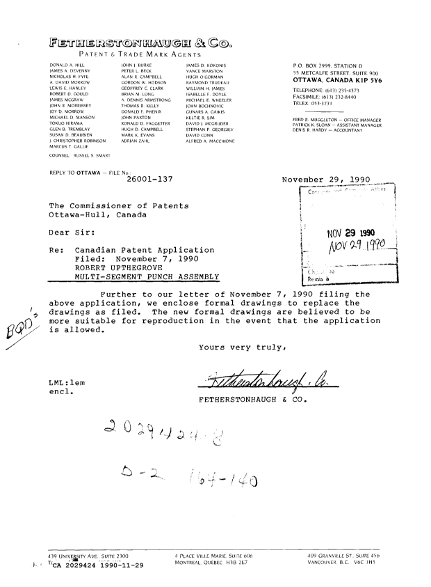 Document de brevet canadien 2029424. Correspondance de la poursuite 19901129. Image 1 de 1
