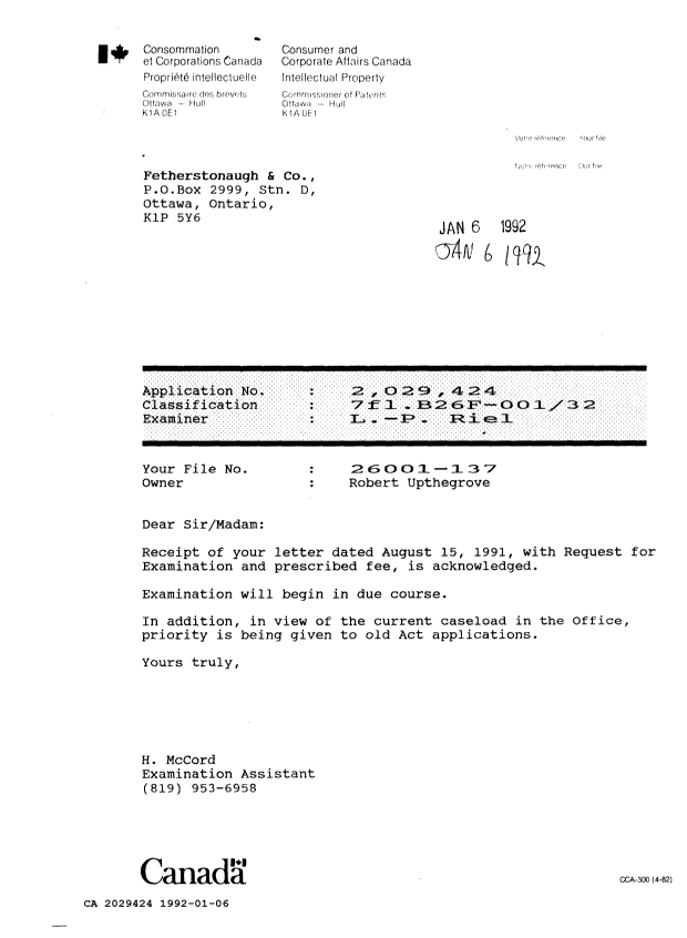 Document de brevet canadien 2029424. Lettre du bureau 19920106. Image 1 de 1