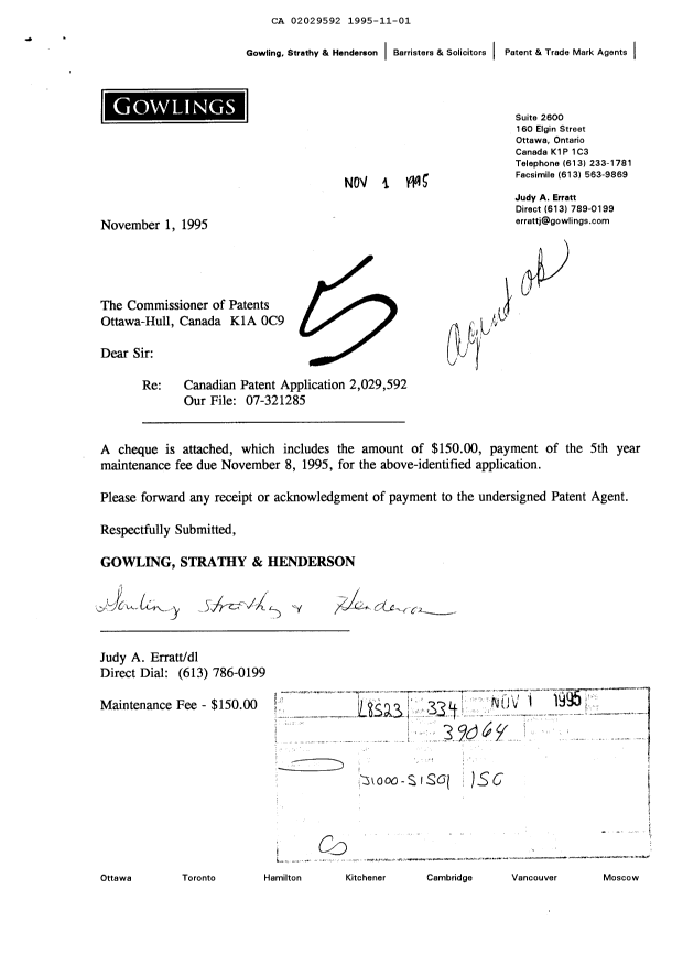 Canadian Patent Document 2029592. Fees 19941201. Image 1 of 1