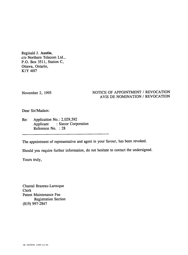 Canadian Patent Document 2029592. Correspondence 19941202. Image 1 of 1