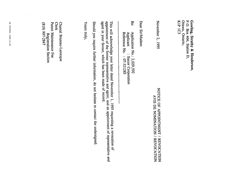Document de brevet canadien 2029592. Lettre du bureau 19951102. Image 1 de 1