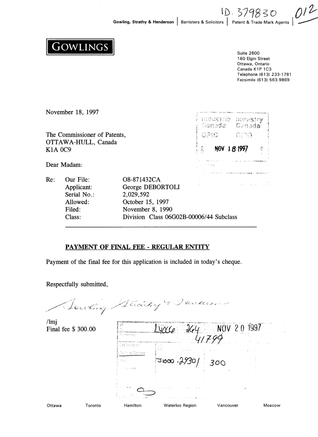 Canadian Patent Document 2029592. Correspondence 19961218. Image 1 of 1