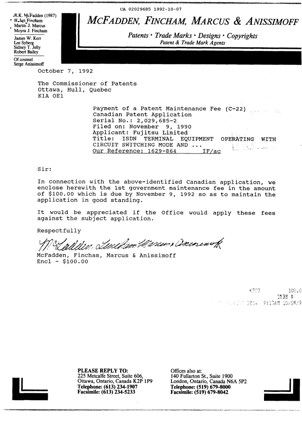 Document de brevet canadien 2029685. Taxes 19921007. Image 1 de 1