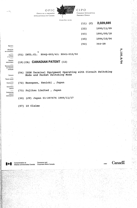 Canadian Patent Document 2029685. Cover Page 19971016. Image 1 of 1