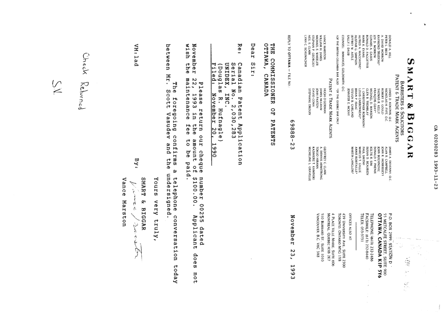 Document de brevet canadien 2030283. Taxes 19931123. Image 1 de 1
