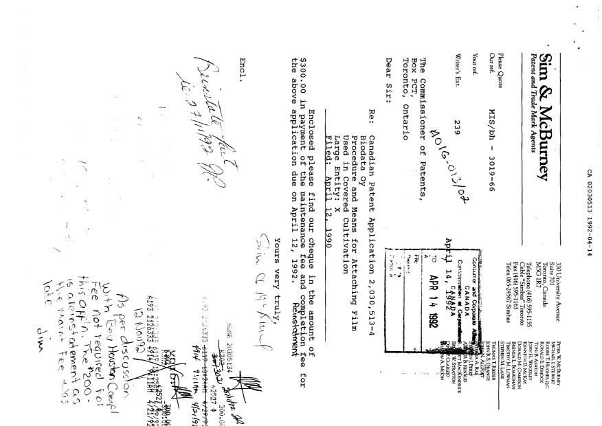Canadian Patent Document 2030513. Fees 19920414. Image 1 of 3