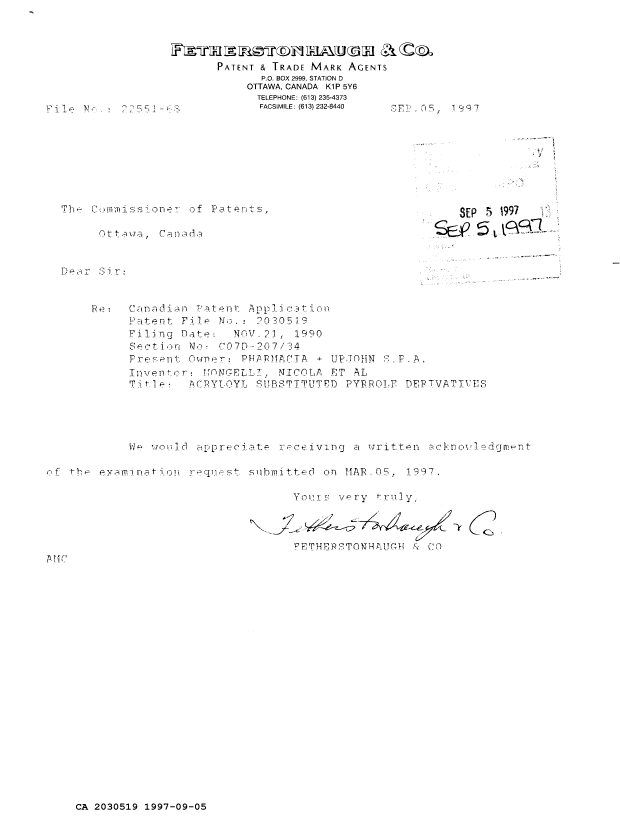 Canadian Patent Document 2030519. PCT Correspondence 19970905. Image 1 of 1