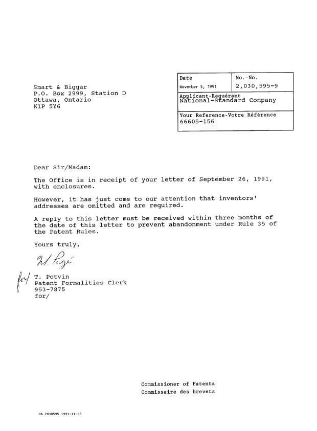 Document de brevet canadien 2030595. Lettre du bureau 19911105. Image 1 de 1