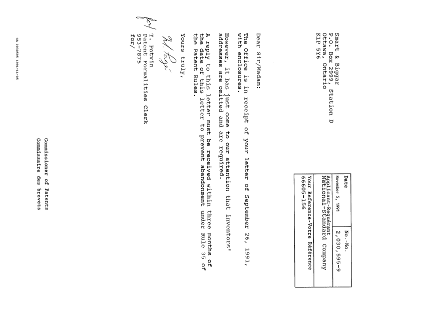 Canadian Patent Document 2030595. Office Letter 19911105. Image 1 of 1