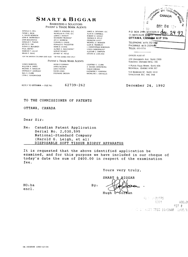 Document de brevet canadien 2030595. Correspondance de la poursuite 19921224. Image 1 de 1