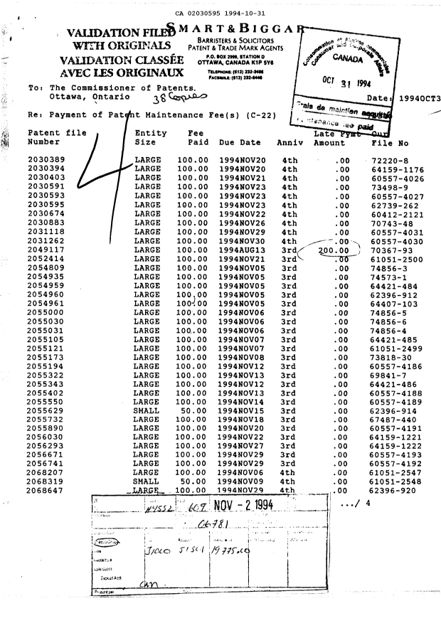 Document de brevet canadien 2030595. Taxes 19941031. Image 1 de 1