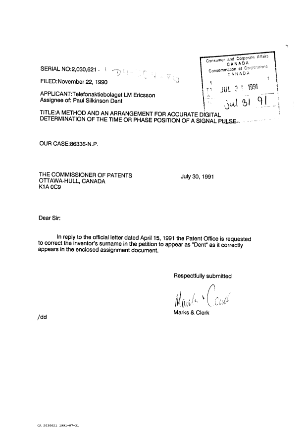 Canadian Patent Document 2030621. PCT Correspondence 19910731. Image 1 of 1