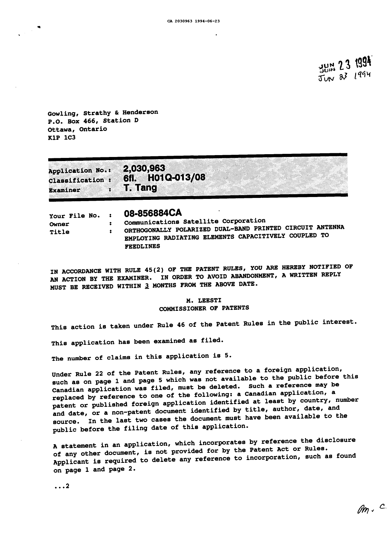 Canadian Patent Document 2030963. Examiner Requisition 19940623. Image 1 of 2
