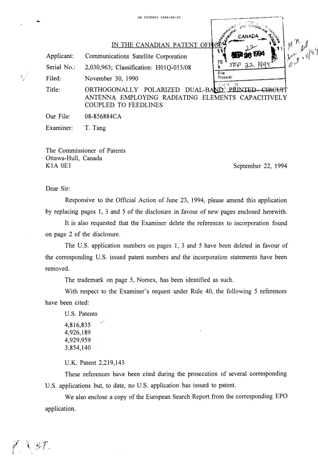 Canadian Patent Document 2030963. Prosecution Correspondence 19940922. Image 1 of 3