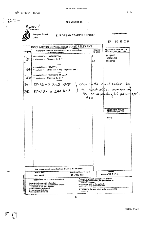 Canadian Patent Document 2030963. Prosecution Correspondence 19940922. Image 3 of 3