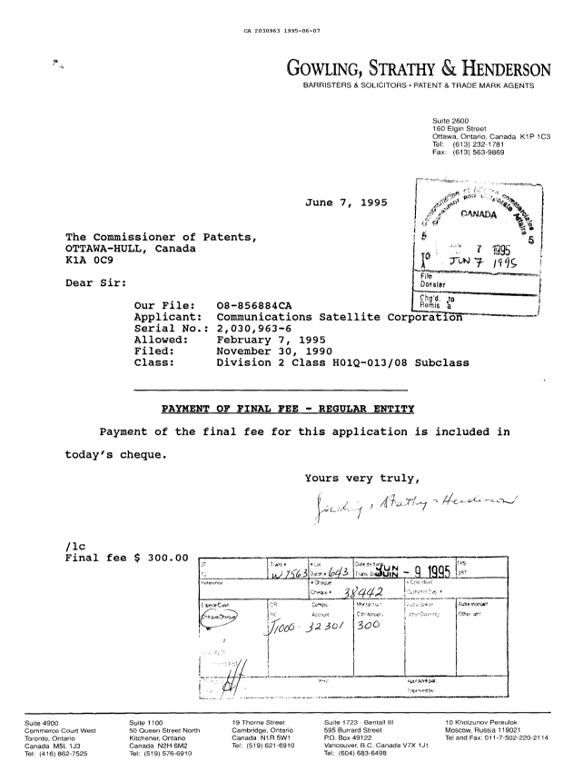 Document de brevet canadien 2030963. Correspondance reliée au PCT 19950607. Image 1 de 1