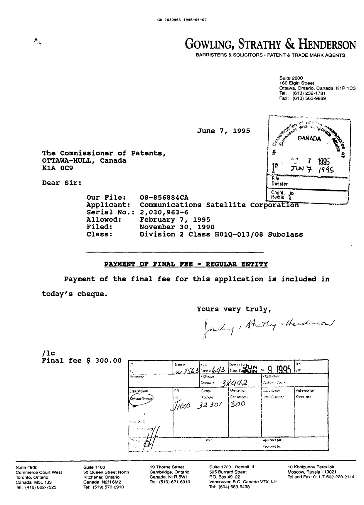 Canadian Patent Document 2030963. PCT Correspondence 19950607. Image 1 of 1