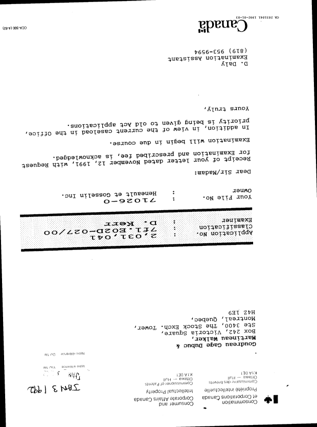 Document de brevet canadien 2031041. Correspondance 19911203. Image 1 de 1