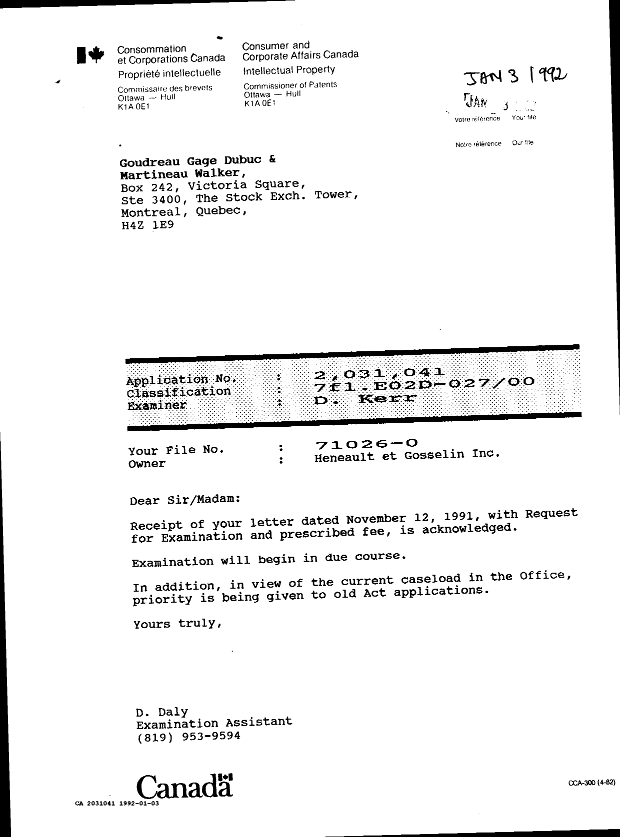 Document de brevet canadien 2031041. Correspondance 19911203. Image 1 de 1