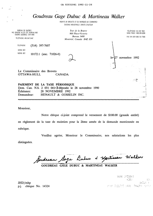 Document de brevet canadien 2031041. Taxes 19911226. Image 1 de 1