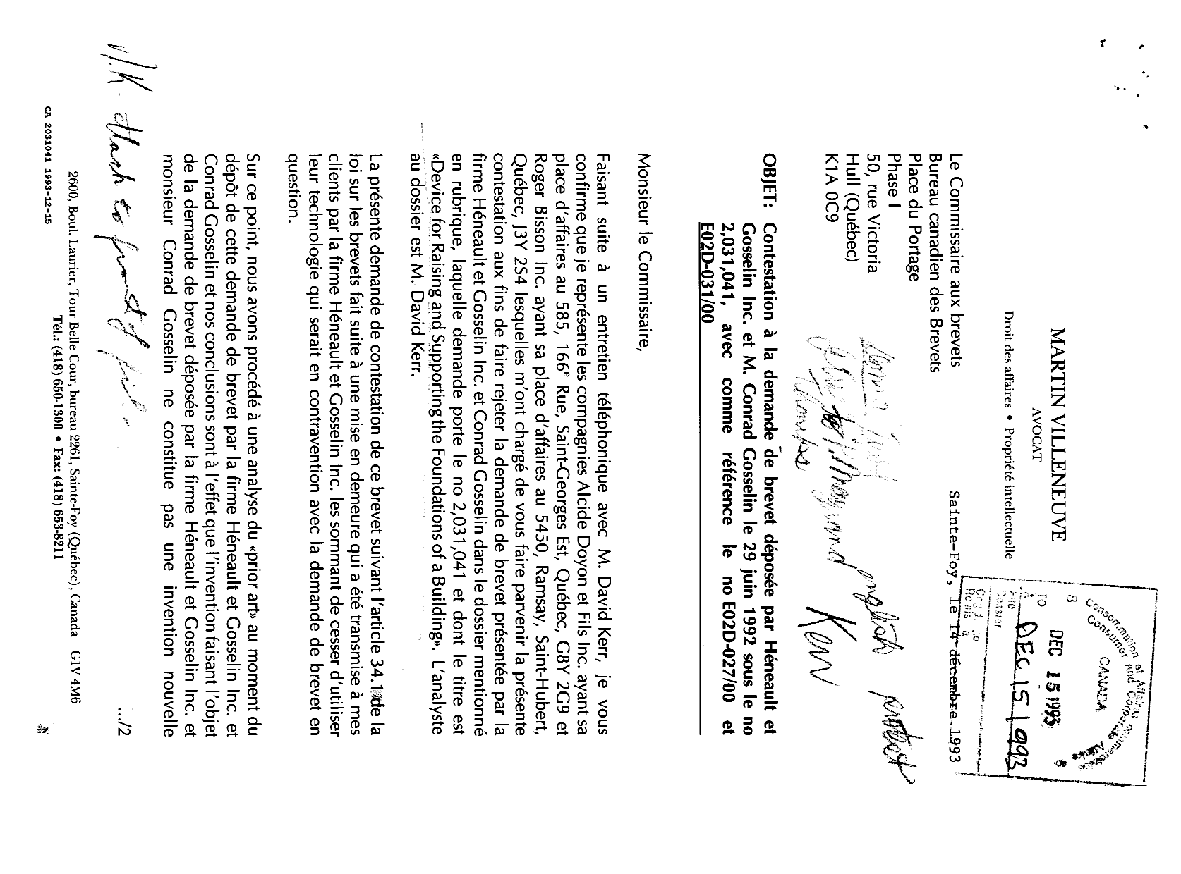 Canadian Patent Document 2031041. Prosecution-Amendment 19921215. Image 1 of 3