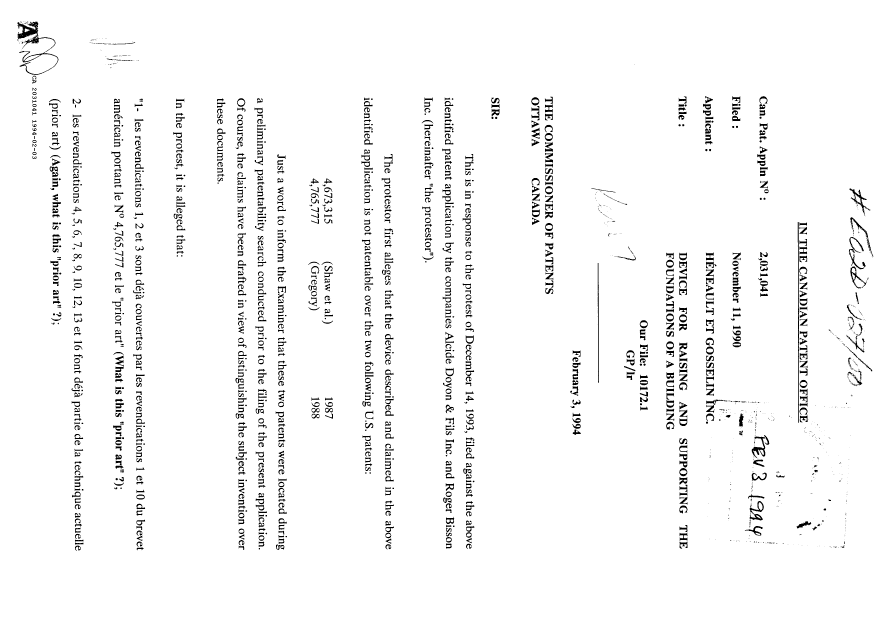 Document de brevet canadien 2031041. Poursuite-Amendment 19931203. Image 1 de 3