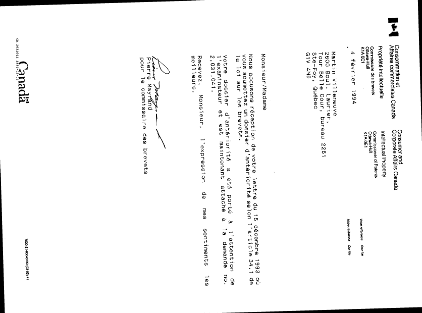 Document de brevet canadien 2031041. Correspondance 19931204. Image 1 de 1