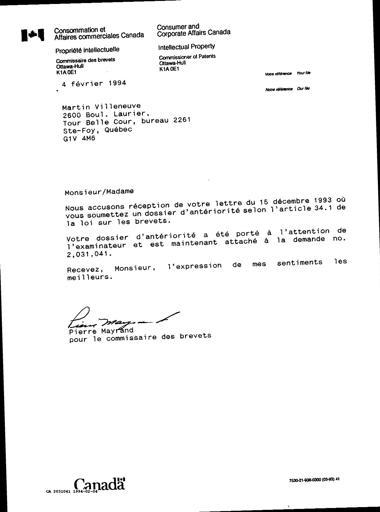 Document de brevet canadien 2031041. Correspondance 19931204. Image 1 de 1